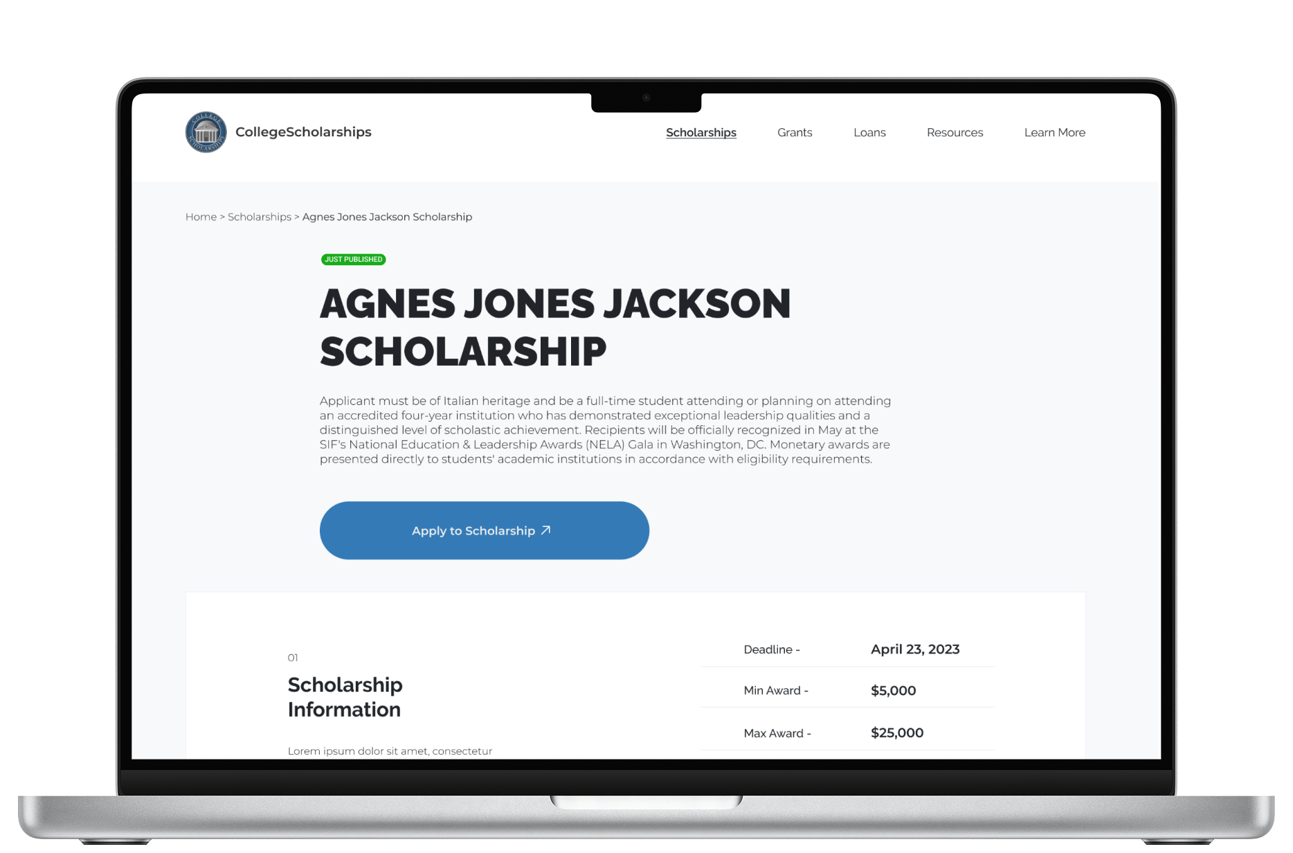 Scholarship detail page design